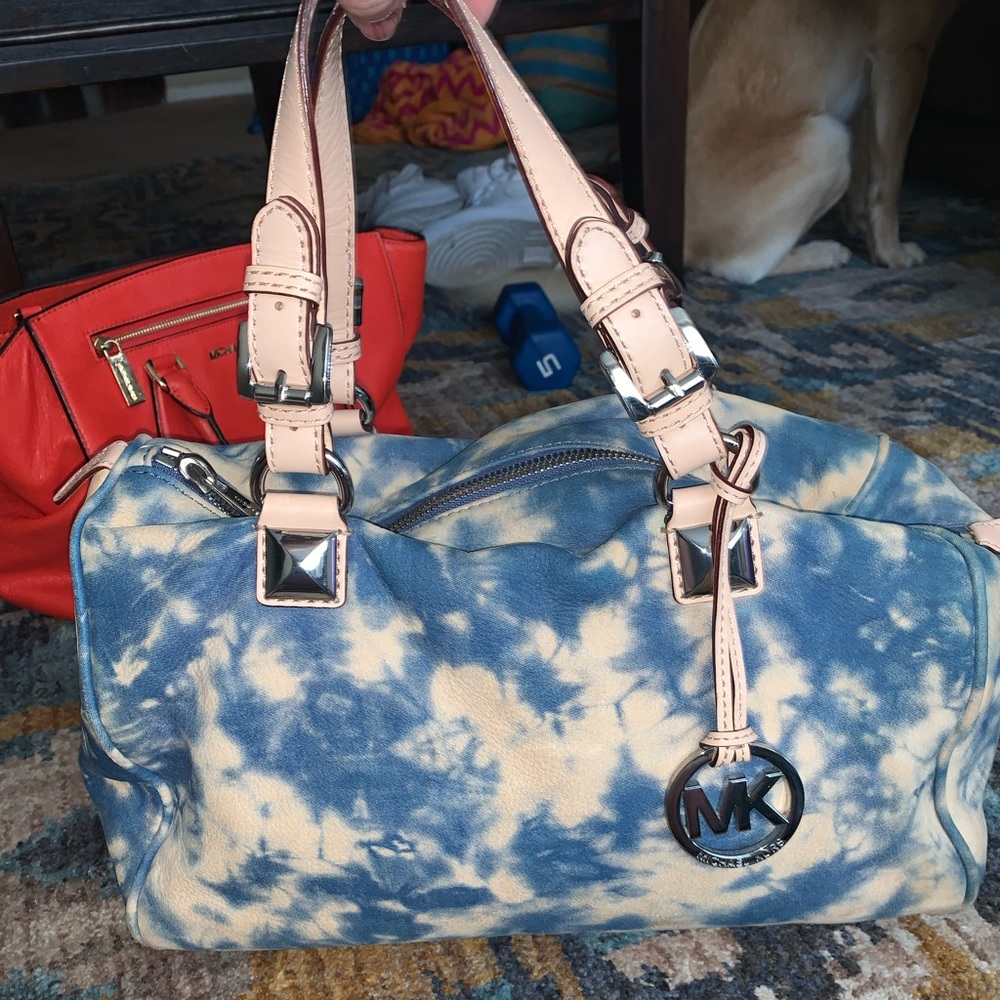 Michael Kors cream and blue tie dye purse